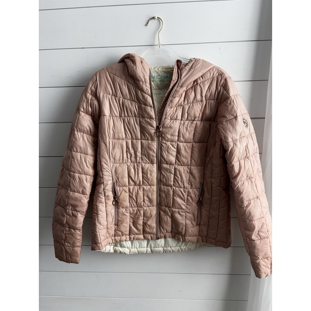 New Michael‎ Kors Beige Nylon Down Puffer Hooded Jacket size M